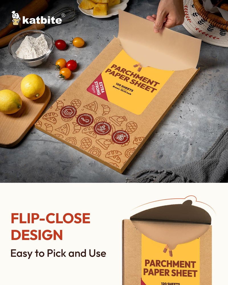 katbite أوراق الخبز من كاتبايت غير المبيضة، 120 قطعة مقاس 12x16 بوصة، ورق برشمان مقطع مسبقًا للخبز، قوي وغير لاصق، ورق نصف ورقة للخبز والطهي والتبخير، ورق للفرن - Image 3